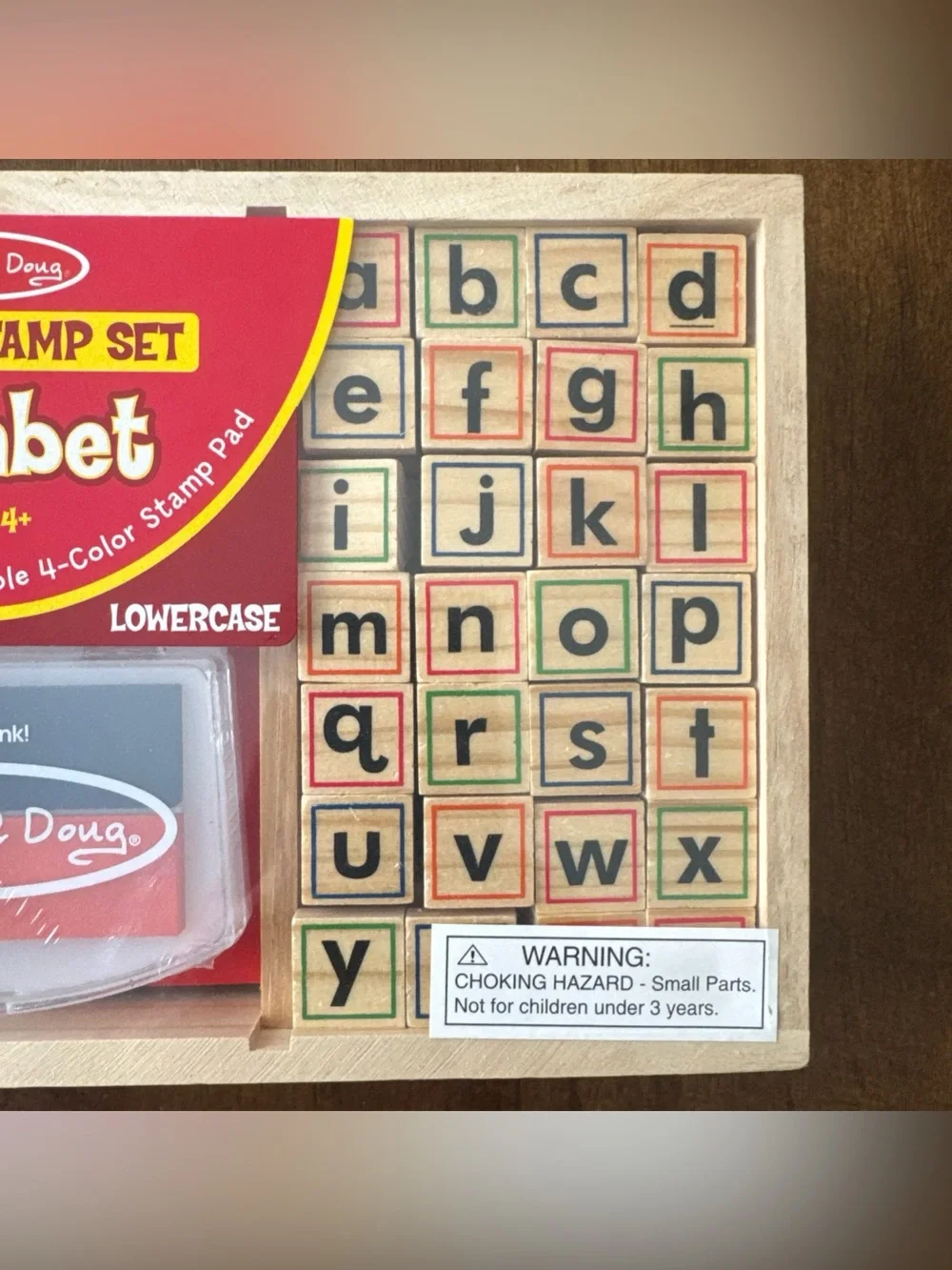 Melissa & Doug Wooden Alphabet Stamp Set 56 blocks and 4 color stamp pad NEW